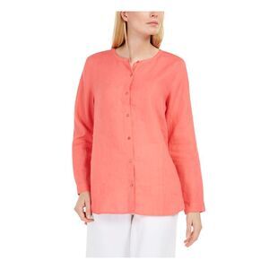 EILEEN FISHER Womens Coral Long Sleeve Jewel Neck Button Up Top XS